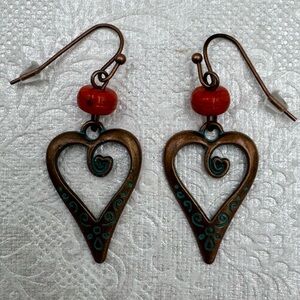 NWOT Heart-Shaped Bronze Dangle Earrings with Red Beads